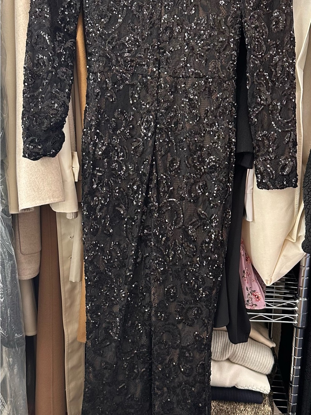 NADINE MERABI Black Sequin Long Sleeve Gown